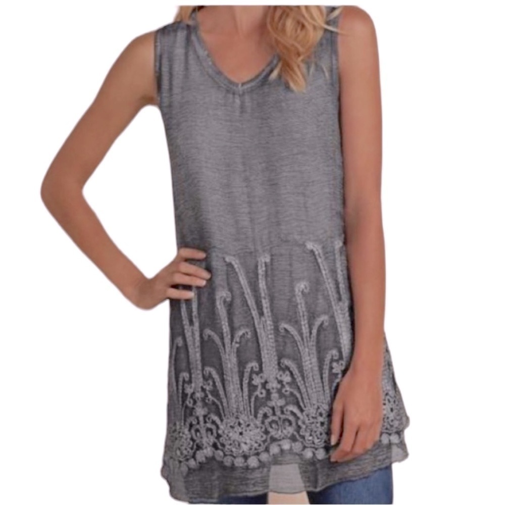 Soft surroundings silk romance gray wash embroidered tunic dress S